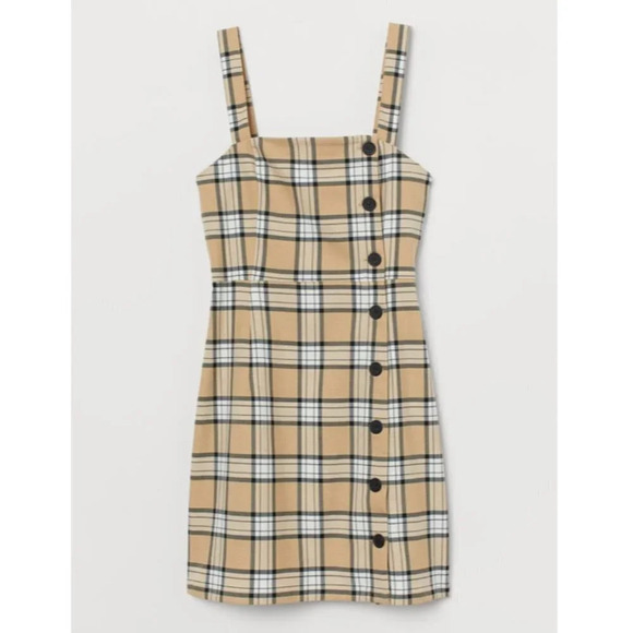 H&M Plaid Check Side Button Mini Dress  Beige Black Sz 4 - Picture 1 of 6